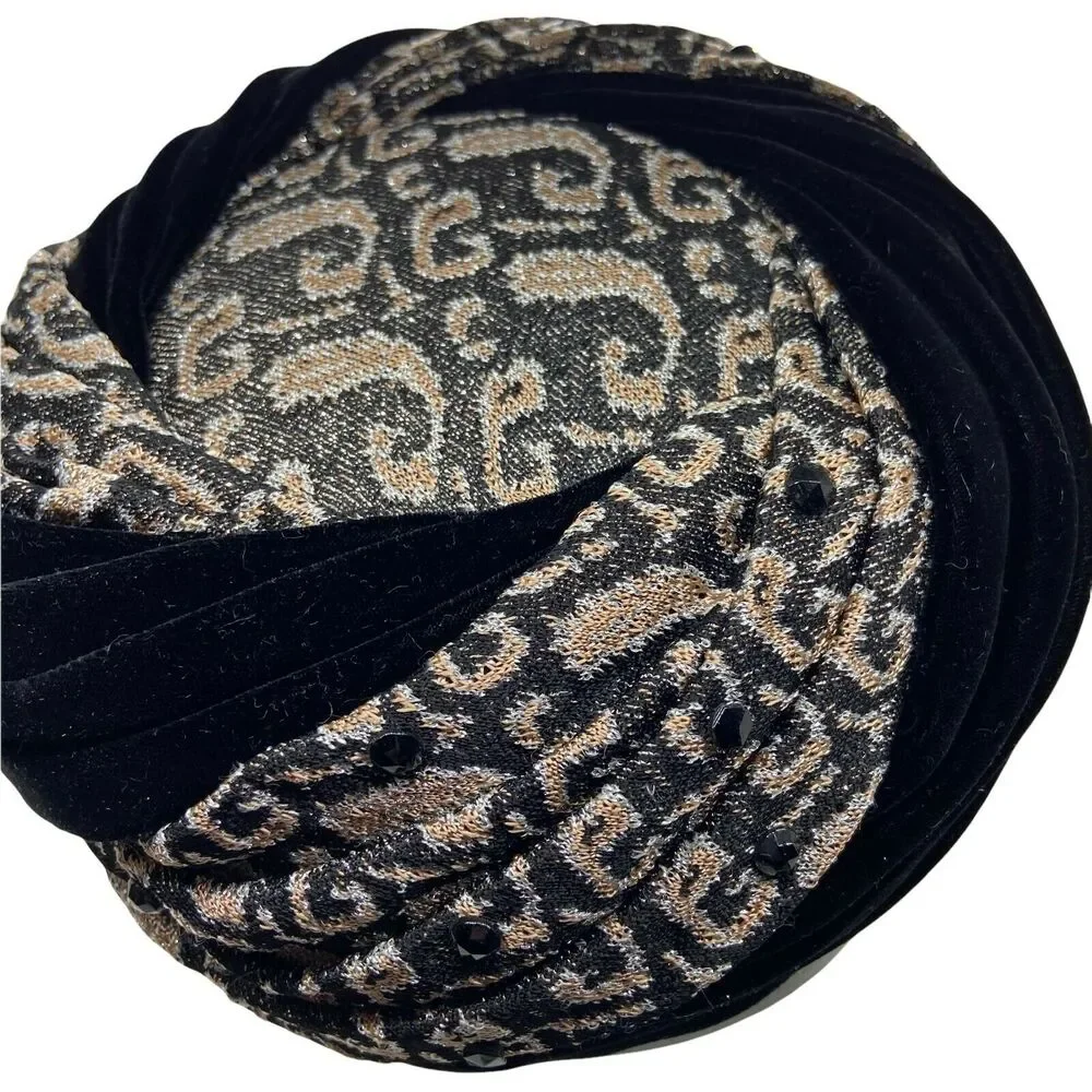 Turban Style Chapeau Hat Vintage 60s Melinda Womens Black Gold Fitted Size 6 1/2 - Picture 4 of 15